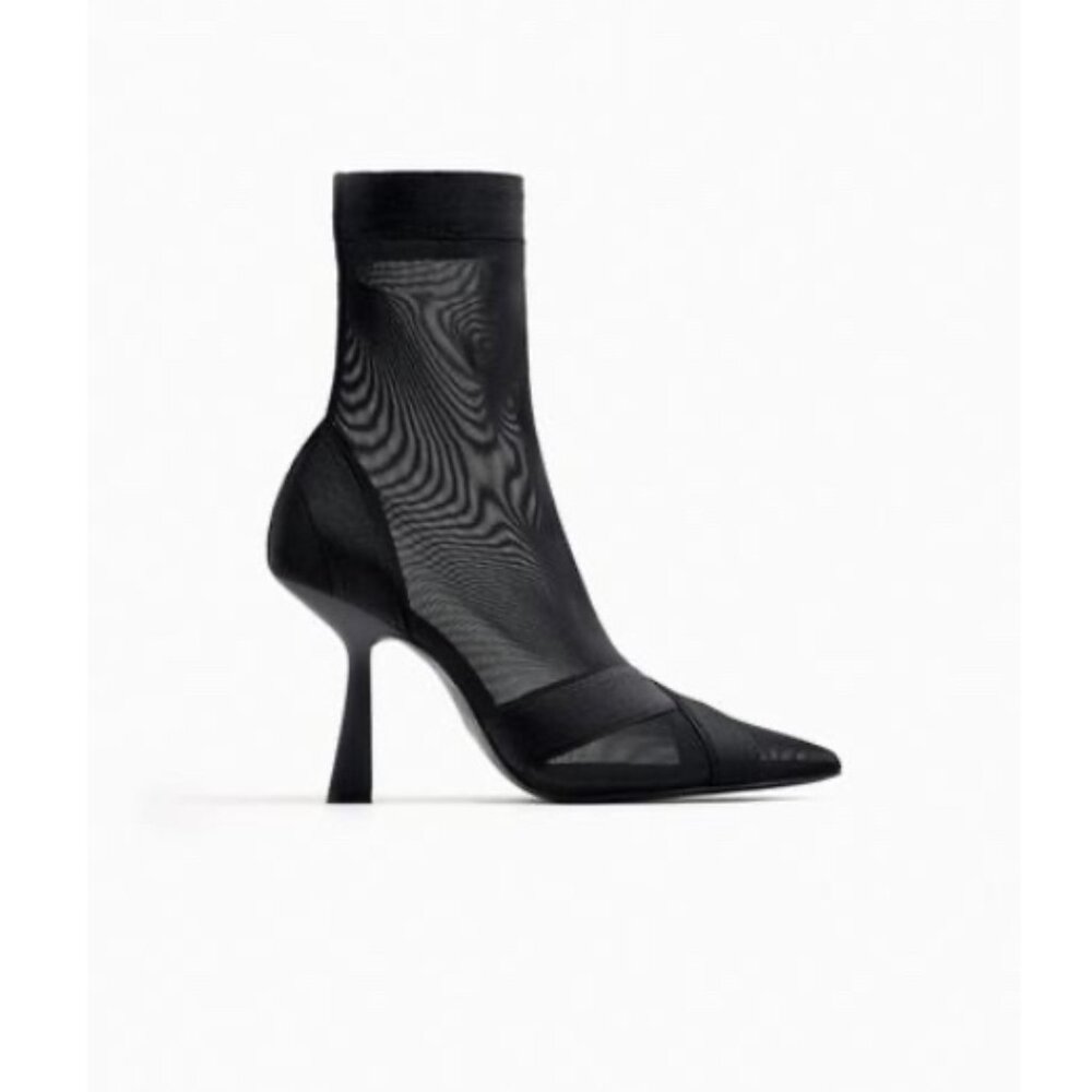 Zara Women HOSIERY LOOK HEELED ANKLE BOOTS BLACK SZ: 40/ US SZ 9